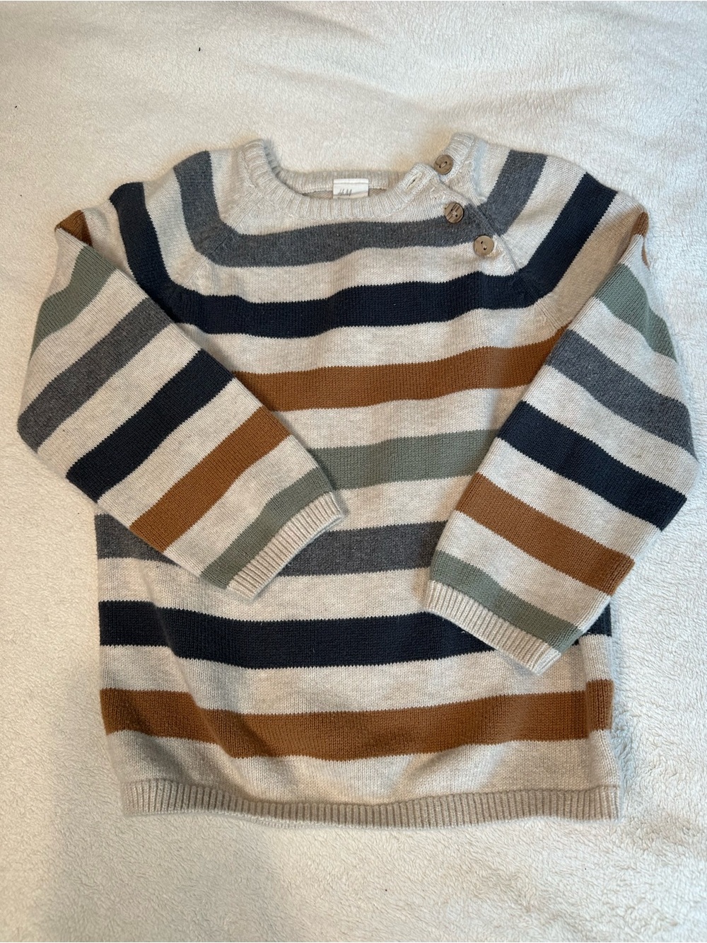 Kids Striped Crewneck Sweater in Cream, Navy & Brown. Size 4T